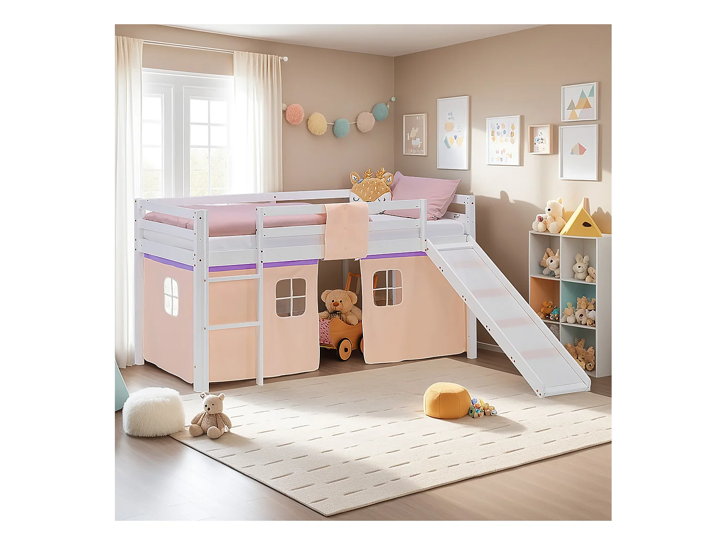 Lit mezzanine pour enfants 90x200 cm blanc avec rideau