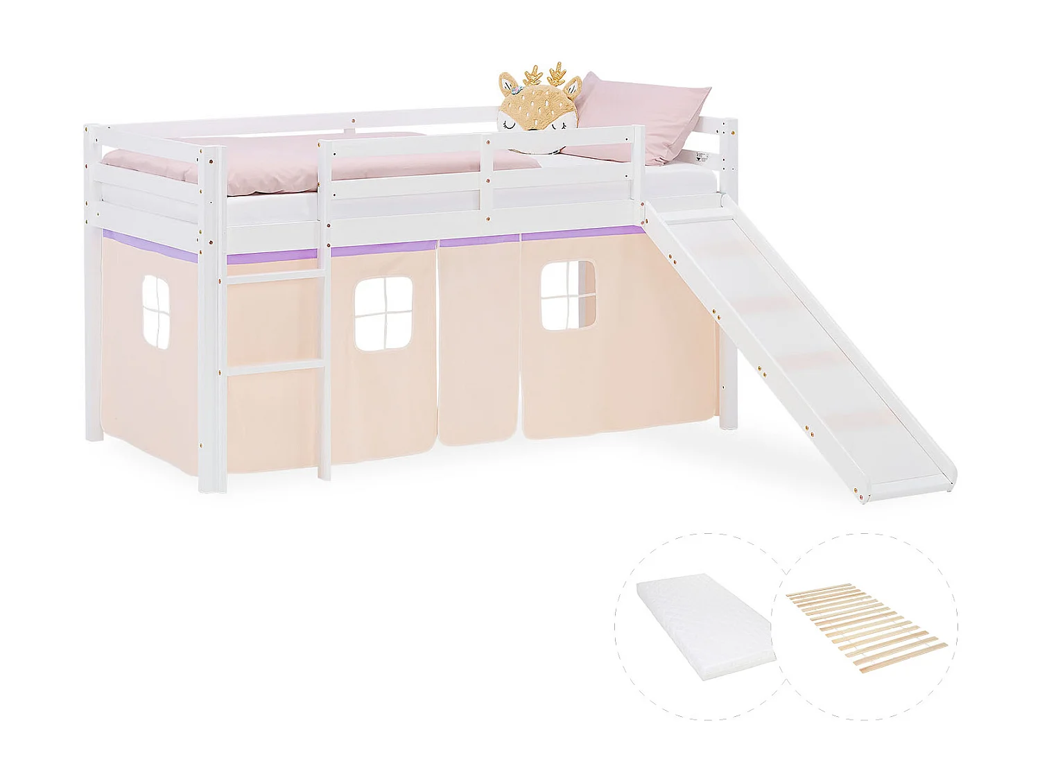Hochbett für Kinder 90x200 cm weiß mit Vorhang