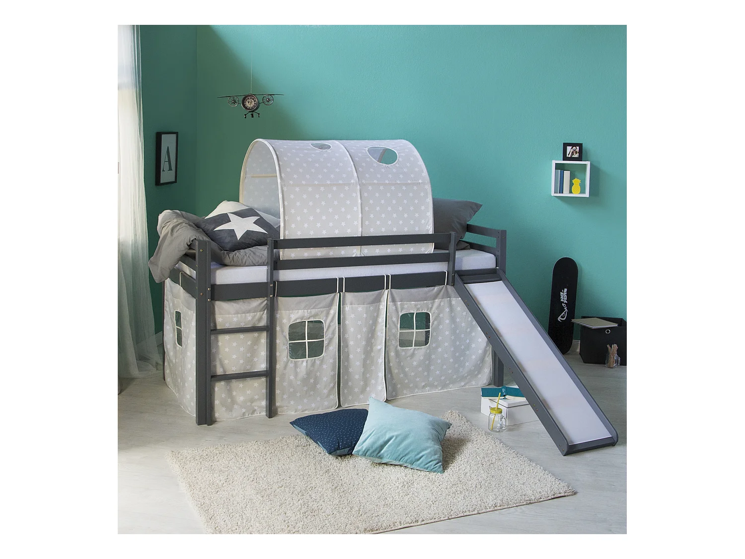 Lit pour enfants 90x200 cm Gris Toboggan Tunnel Pin massif Rideau