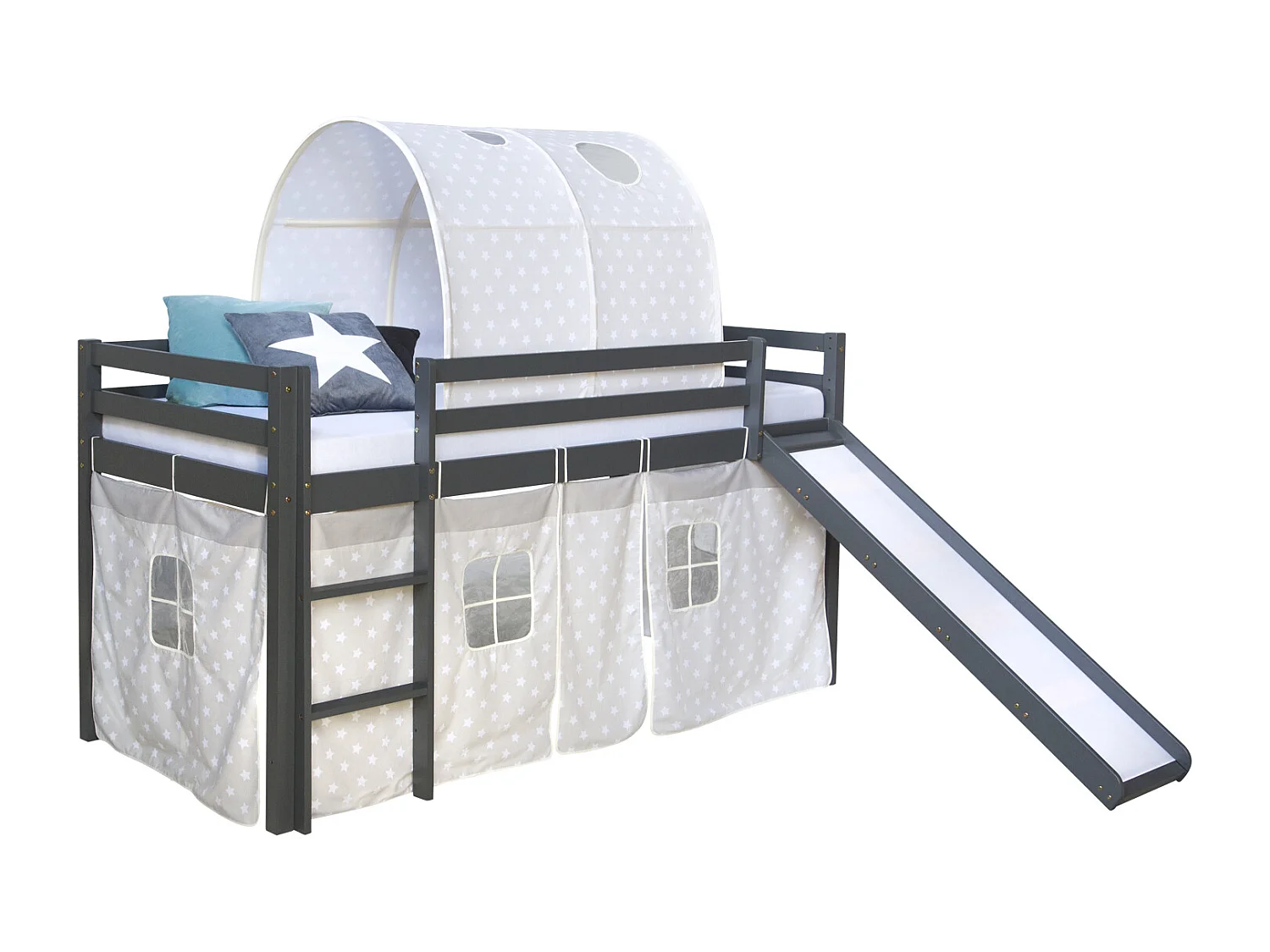 Lit pour enfants 90x200 cm Gris Toboggan Tunnel Pin massif Rideau