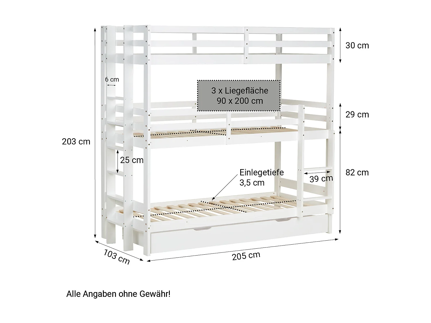 Stapelbed 205x203x103 cm wit drievoudig