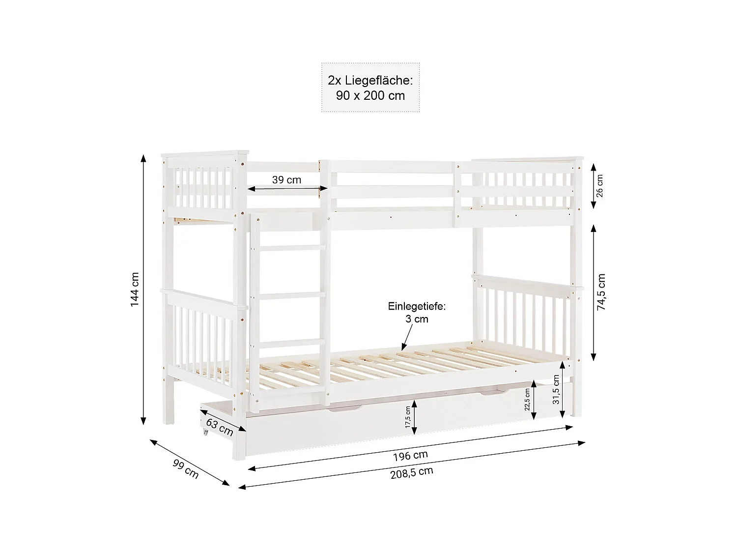 Etagenbett 90x200 cm weiß Massivkiefernholz