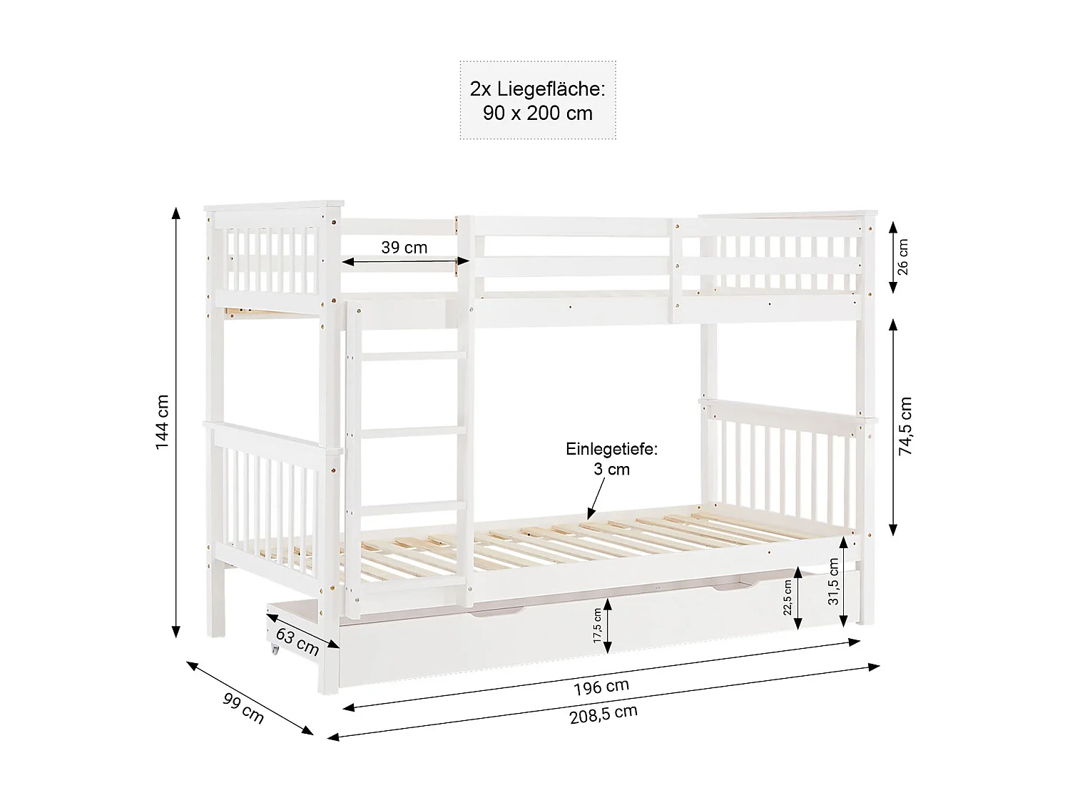 Cama Beliche 90x200 cm branco Madeira maciça de pinho