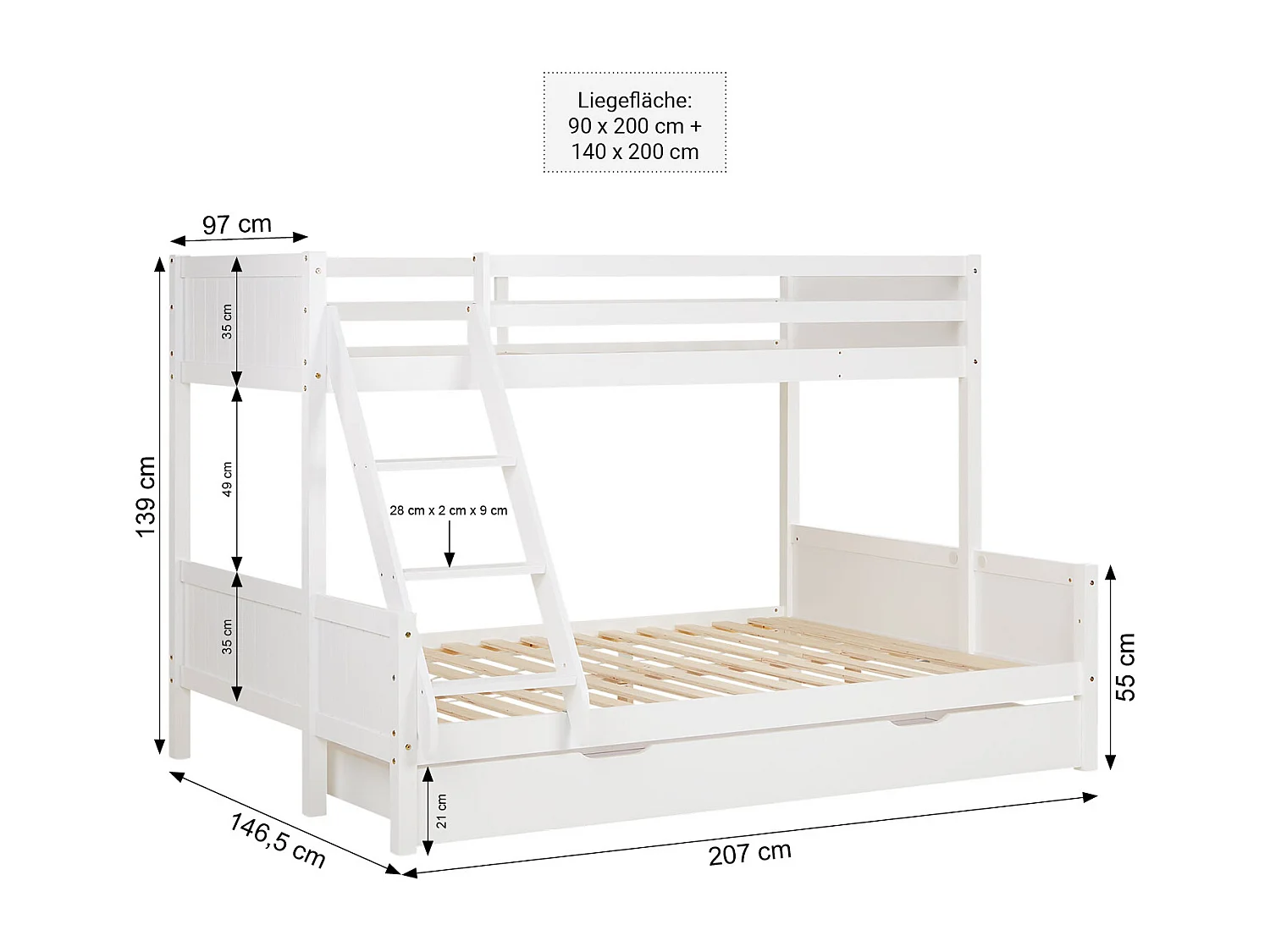 Lit superposé 207x139x146,5 cm lit enfant blanc