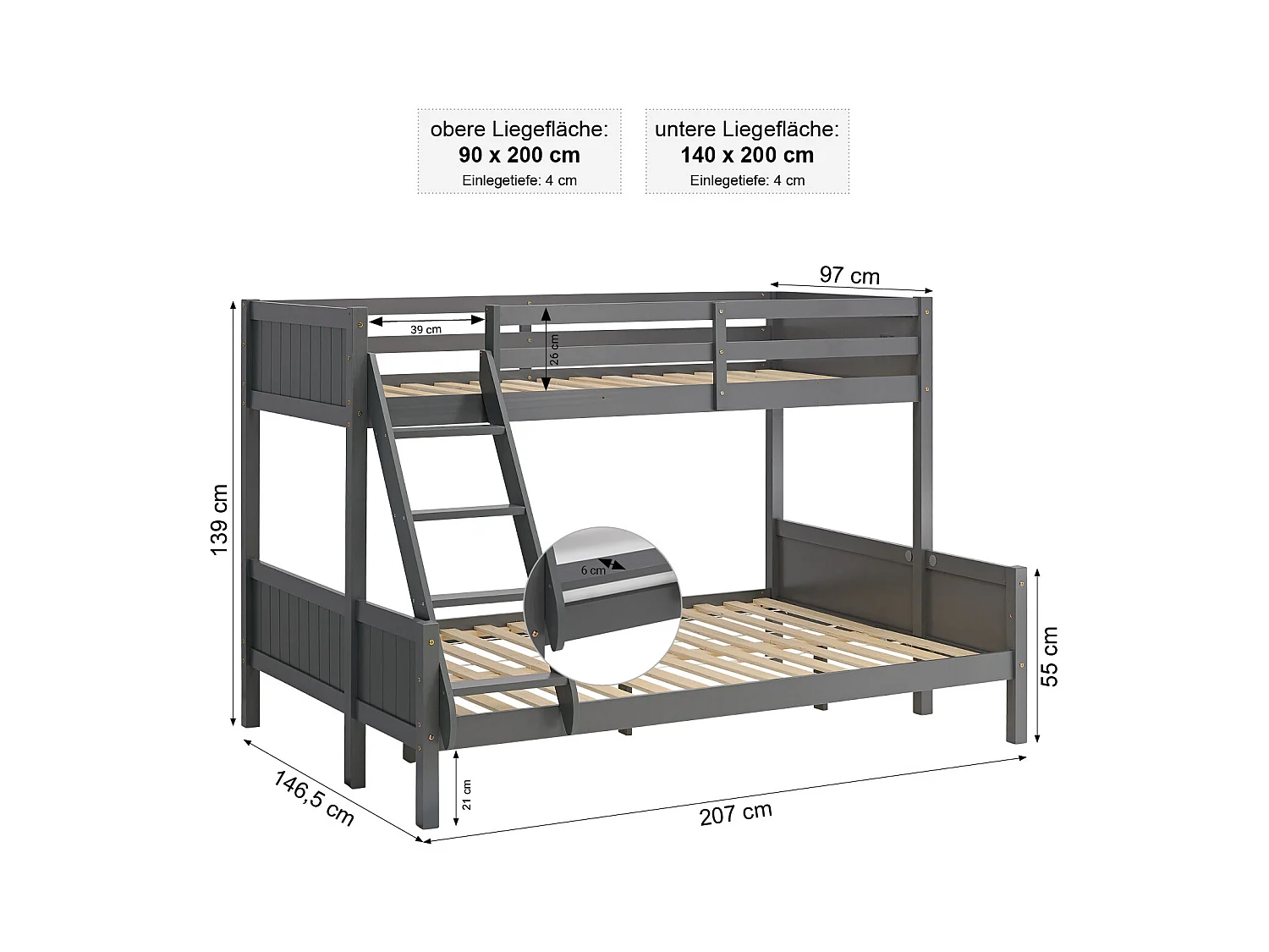 Etagenbett 90x200 cm 140x200 cm Grau