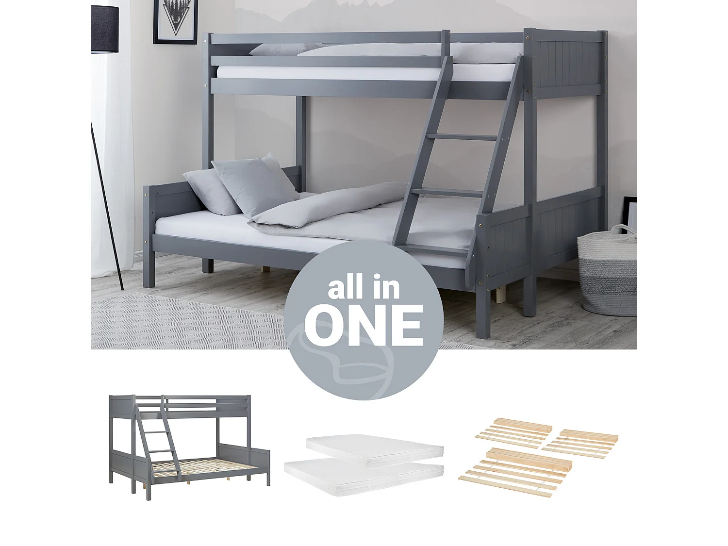 Lit superposé 90x200 cm 140x200 cm Gris