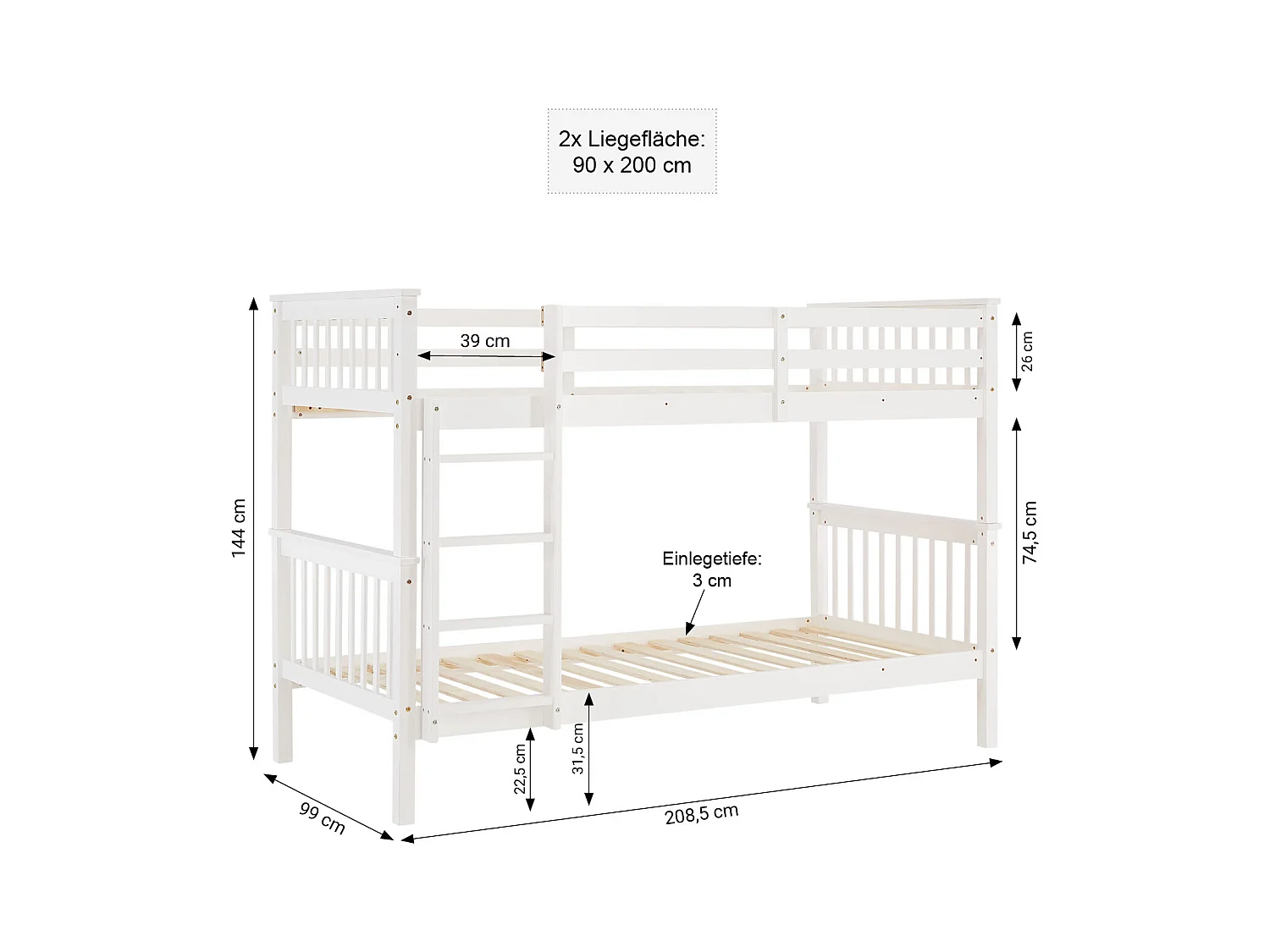 Etagenbett 90x200 cm weiß Kinderbett mit Matratze