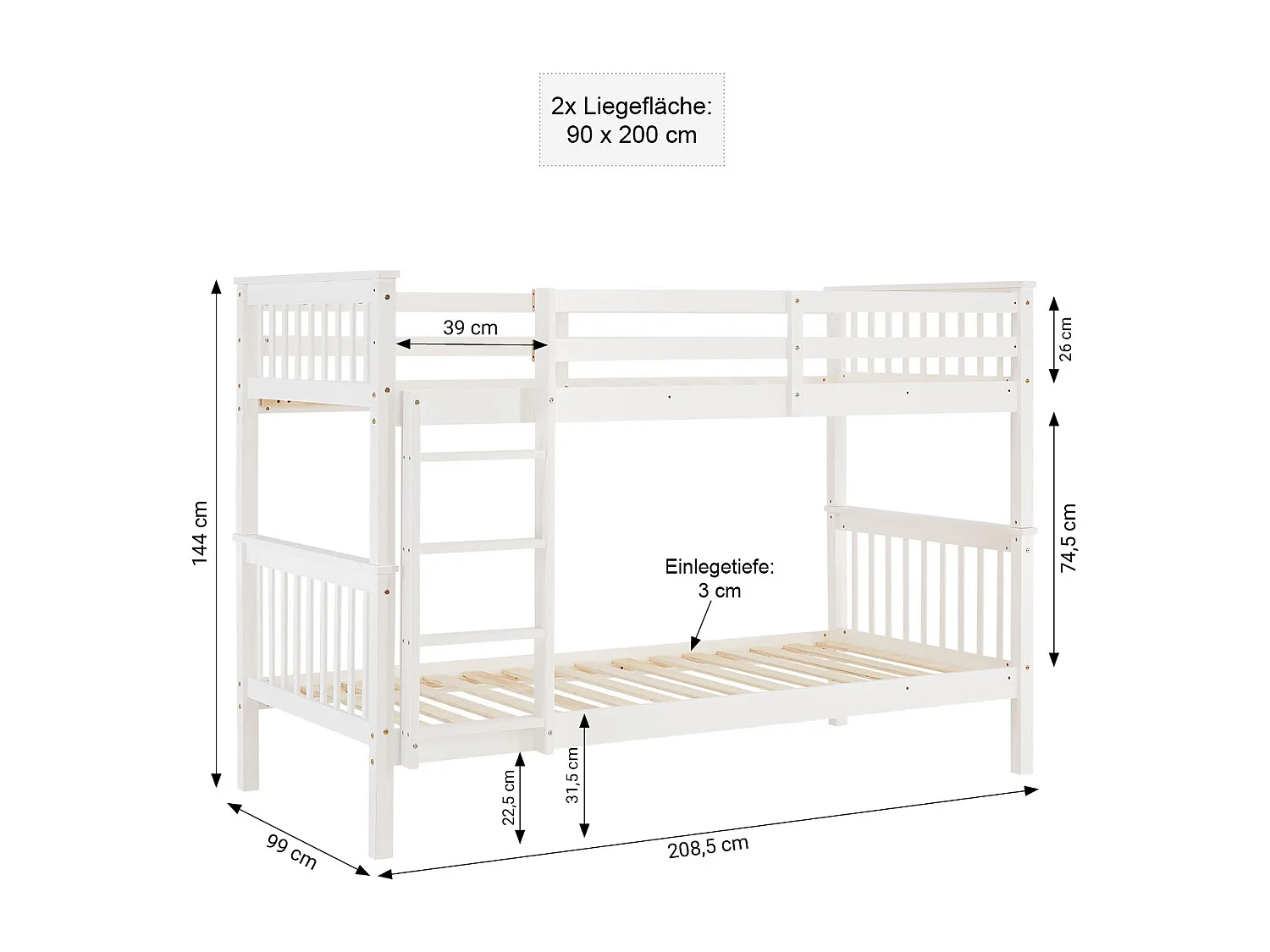 Stapelbed 90x200 cm wit Kinderbed met Matras