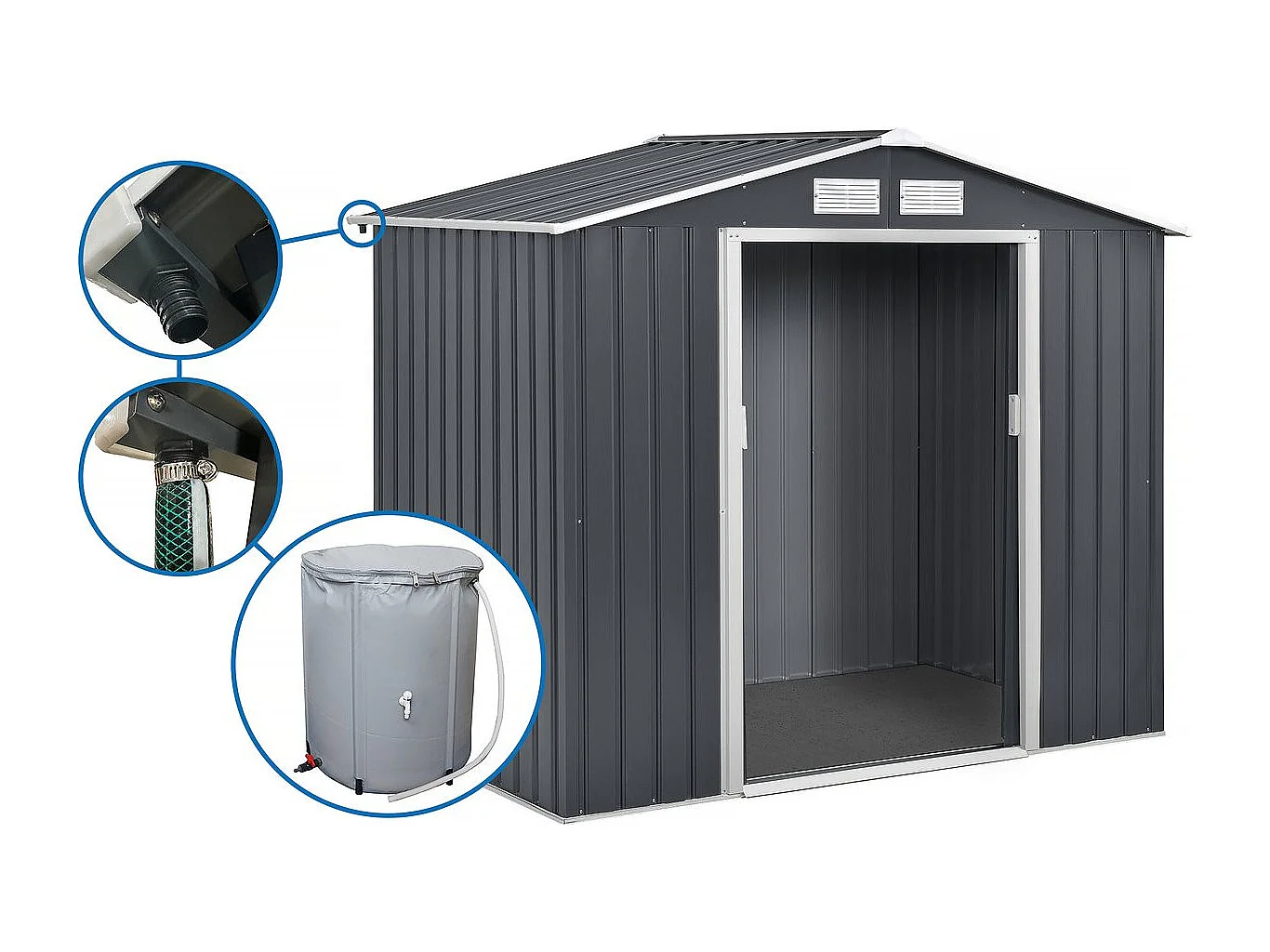 Abri de jardin métal - "Vegas"- 4.07 m² avec gouttière et récupérateur d'eau - Gris