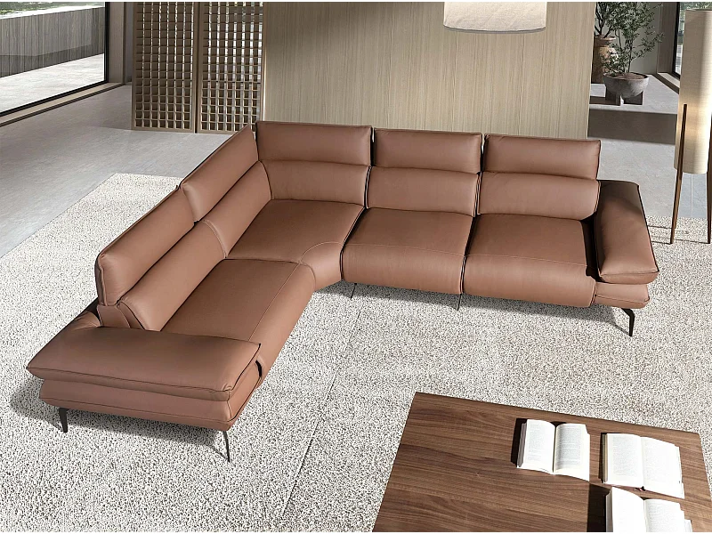 Canapé d'angle relax modulable en cuir marron