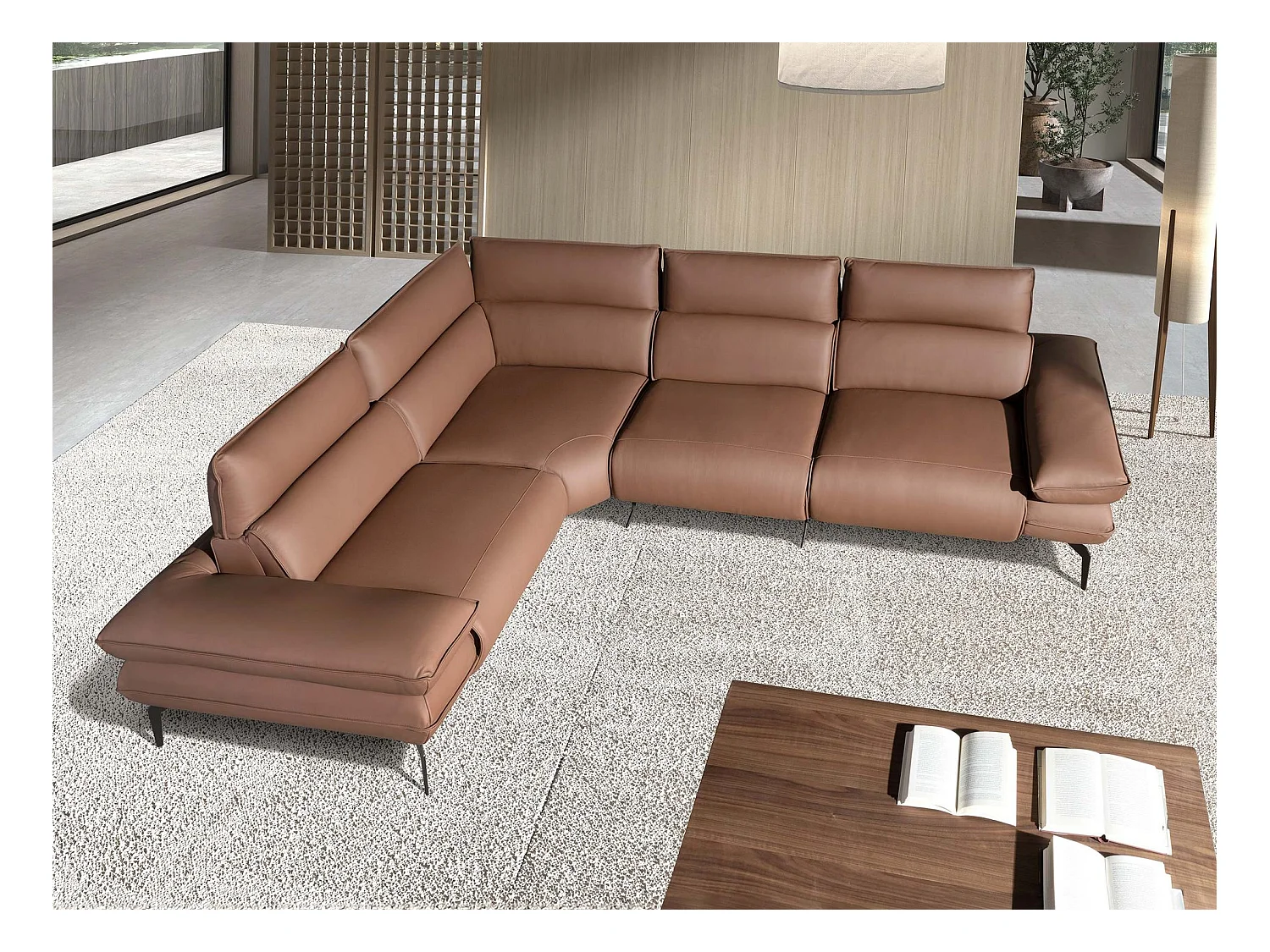 Modulares Relax-Ecksofa aus braunem Leder