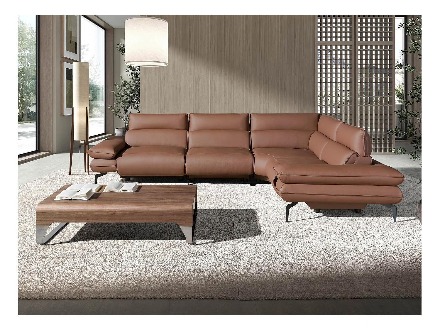 Modulares Relax-Ecksofa aus braunem Leder