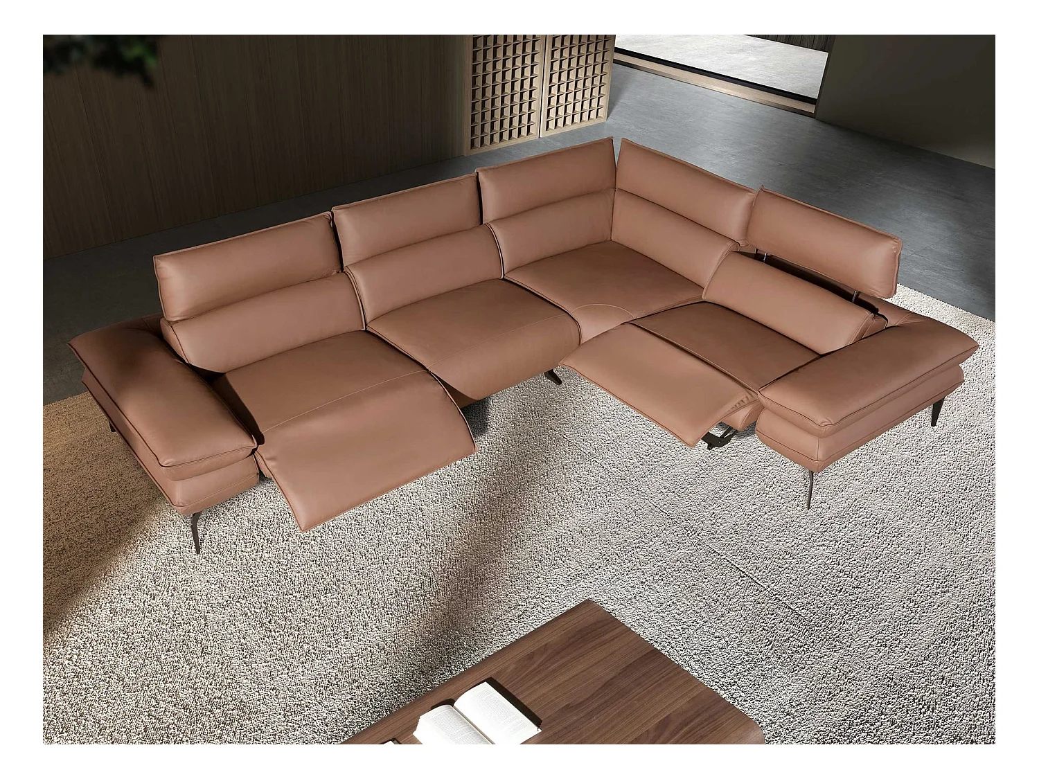 Modulares Relax-Ecksofa aus braunem Leder