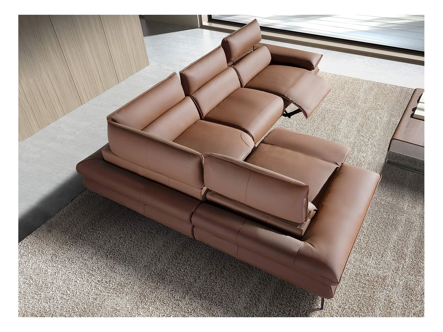 Modulares Relax-Ecksofa aus braunem Leder