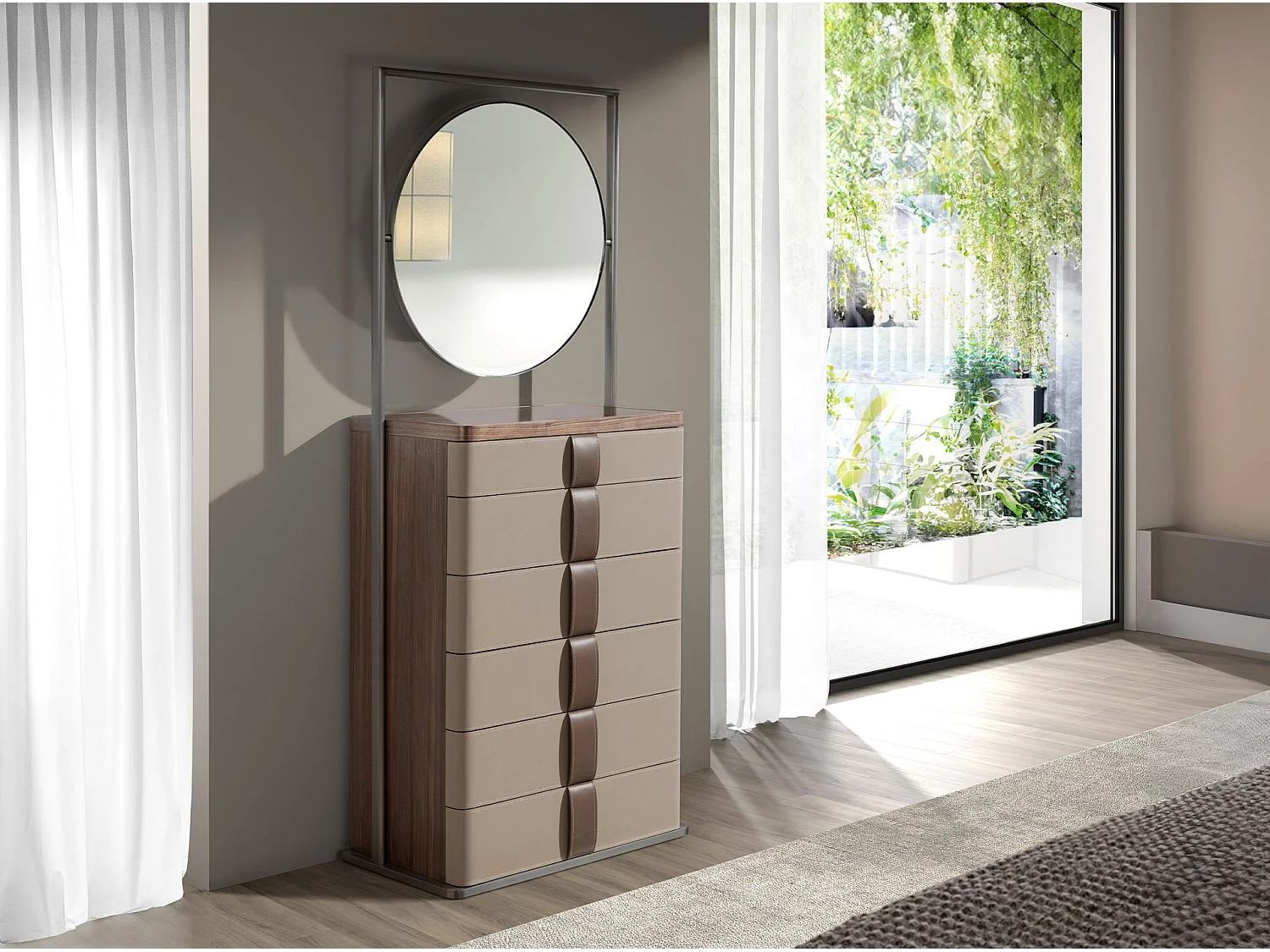 Kommode aus Kunstleder, Nussbaum, grauem Stahl und braunem Rauchglasdeckel mit Spiegel 7205 ANGEL CERDA