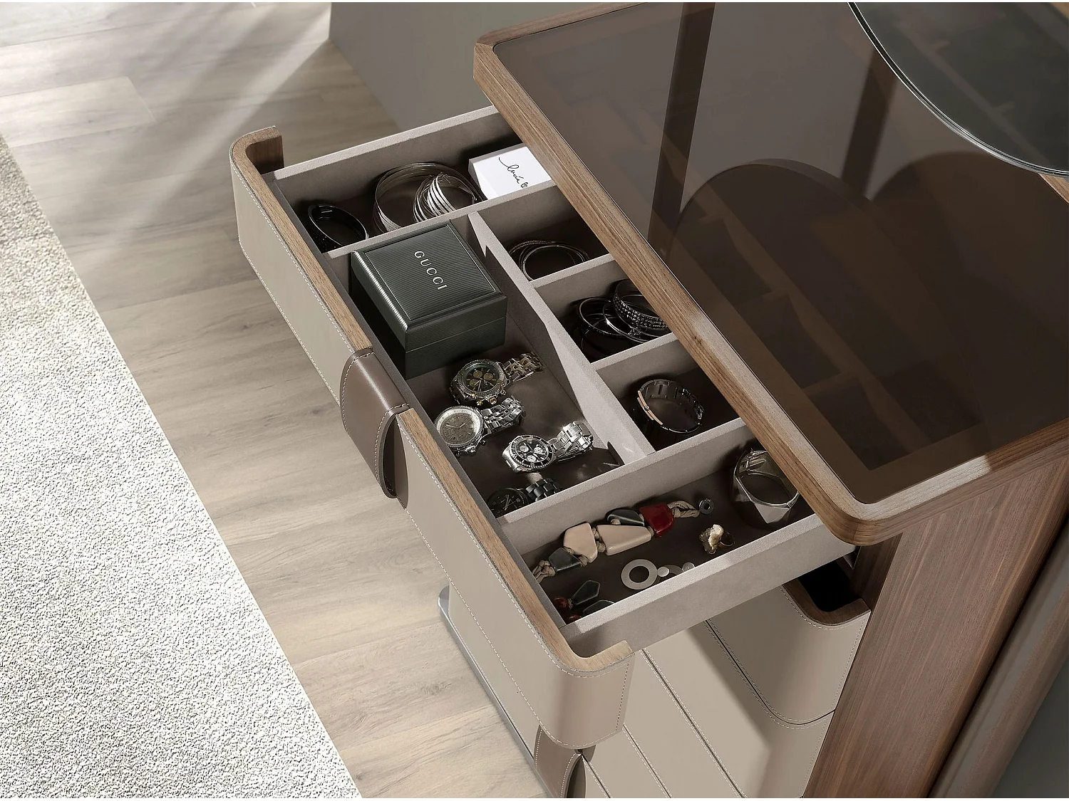 Kommode aus Kunstleder, Nussbaum, grauem Stahl und braunem Rauchglasdeckel mit Spiegel 7205 ANGEL CERDA