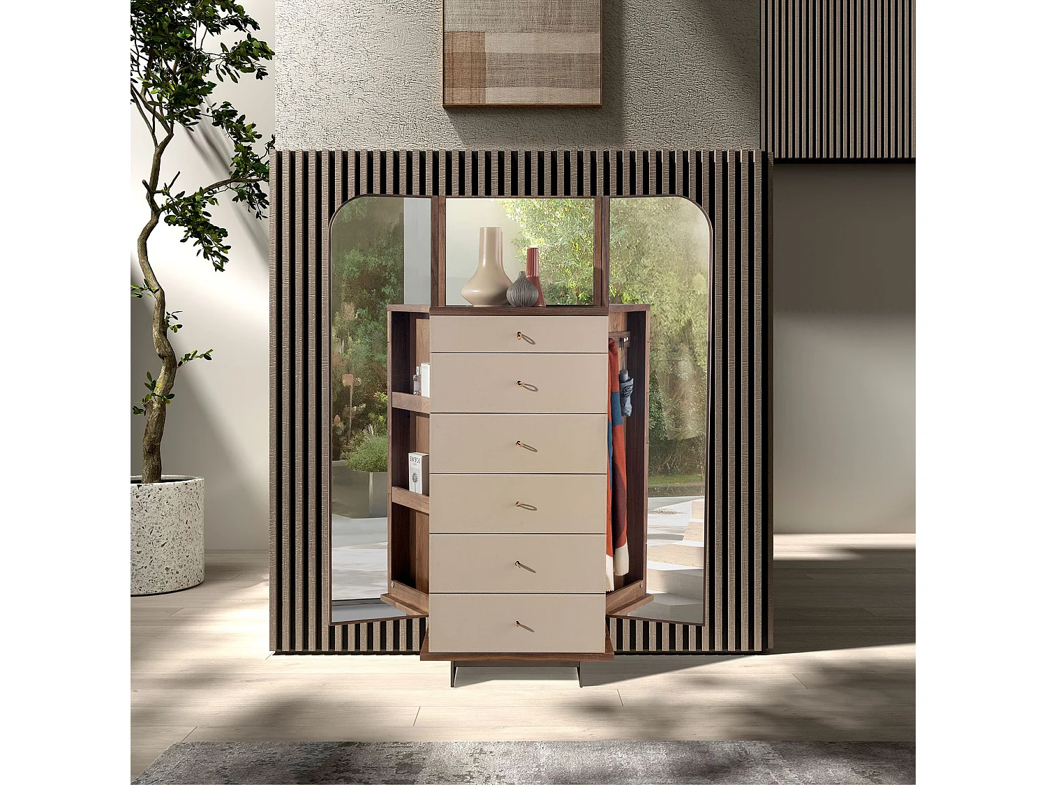 Kommode aus Kunstleder, Nussbaum, grauem Stahl und braunem Rauchglasdeckel mit Spiegel 7205 ANGEL CERDA