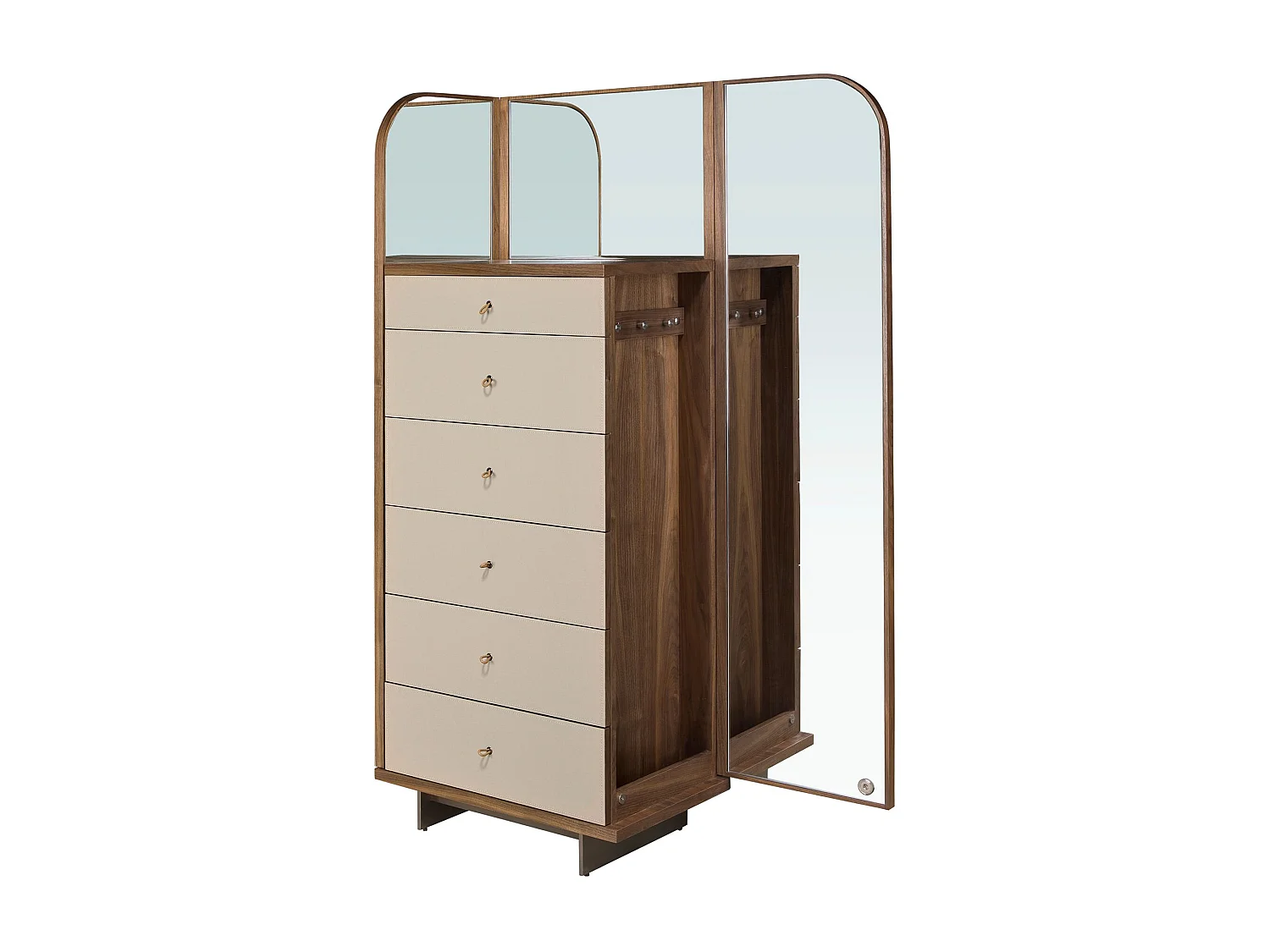 Kommode aus Kunstleder, Nussbaum, grauem Stahl und braunem Rauchglasdeckel mit Spiegel 7205 ANGEL CERDA