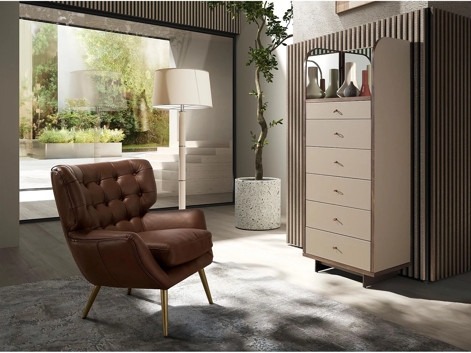Chiffonier en cuir, noyer, acier gris et plateau en verre fumé brun avec miroir 7205 ANGEL CERDA