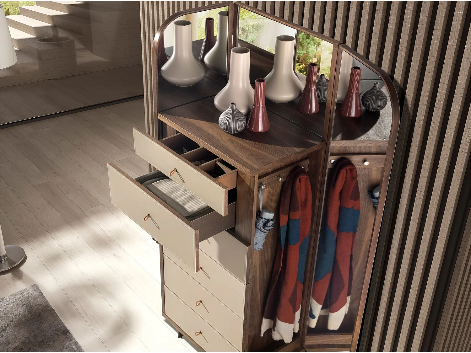 Chiffonier en cuir, noyer, acier gris et plateau en verre fumé brun avec miroir 7205 ANGEL CERDA