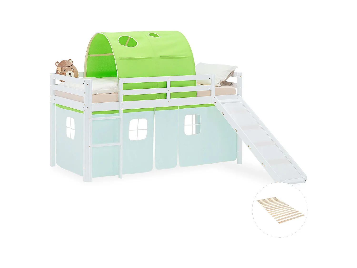 Hochbett für Kinder 90x200 cm weiß mit grünem Vorhang und Tunnel