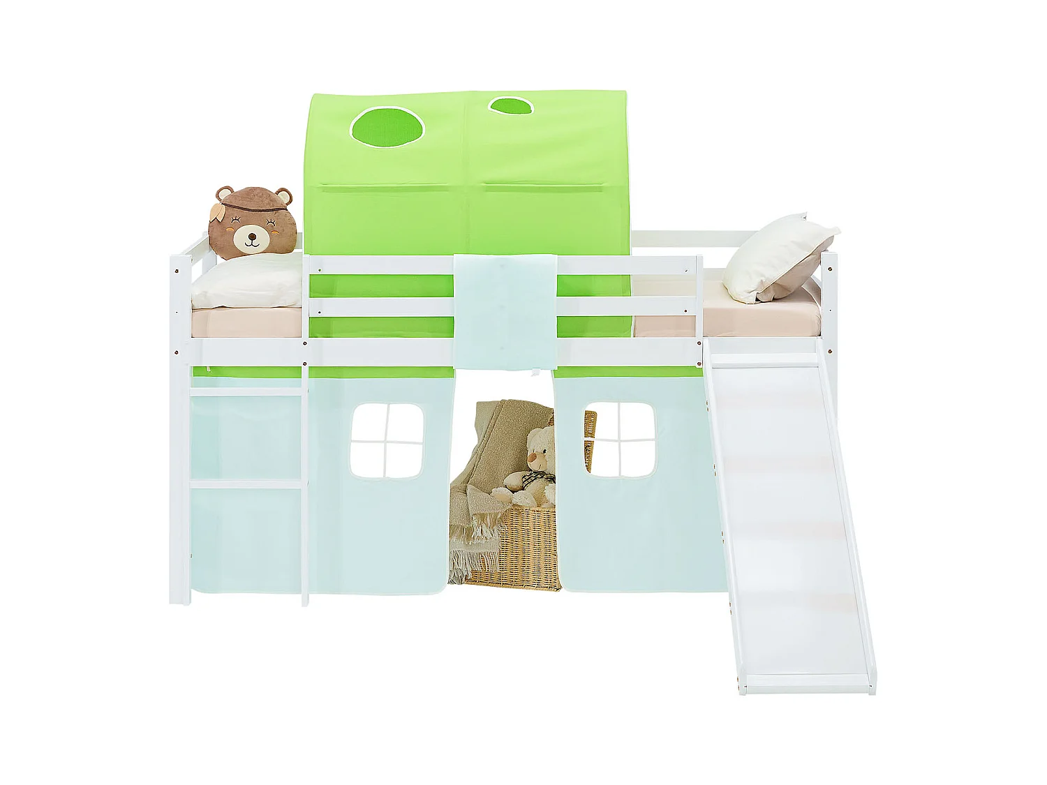 Hochbett für Kinder 90x200 cm weiß mit grünem Vorhang und Tunnel