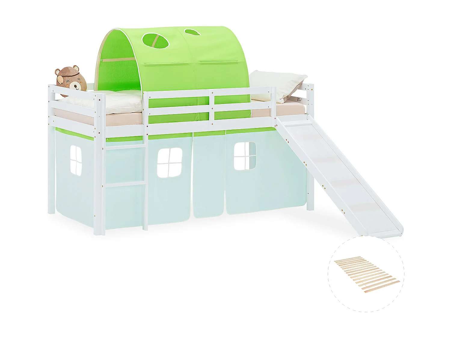 Hochbett für Kinder 90x200 cm weiß mit grünem Vorhang und Tunnel