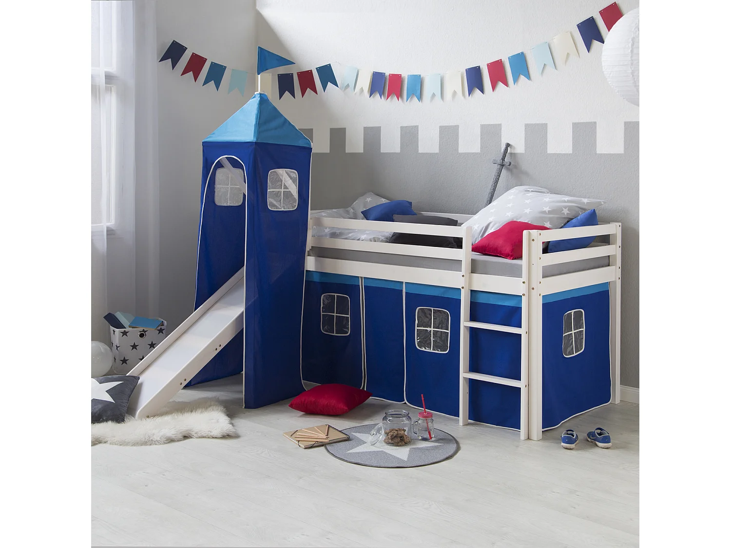 Hochbett mit Rutsche 90x200 cm Blau