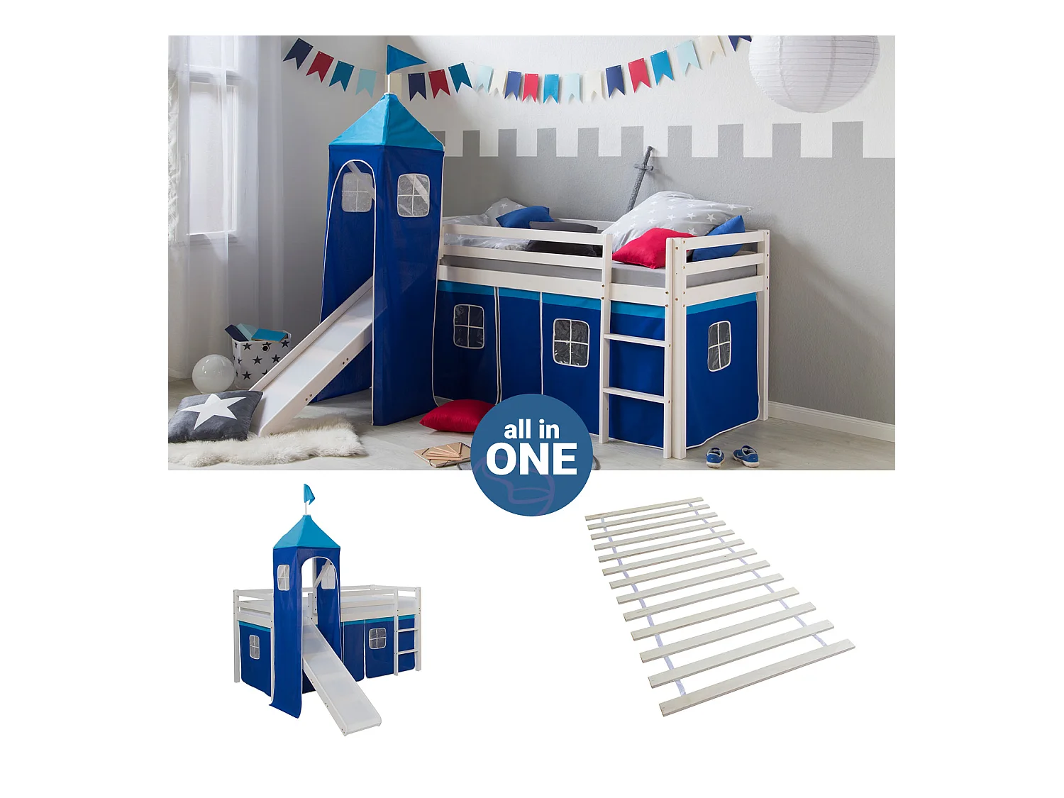 Hochbett mit Rutsche 90x200 cm Blau