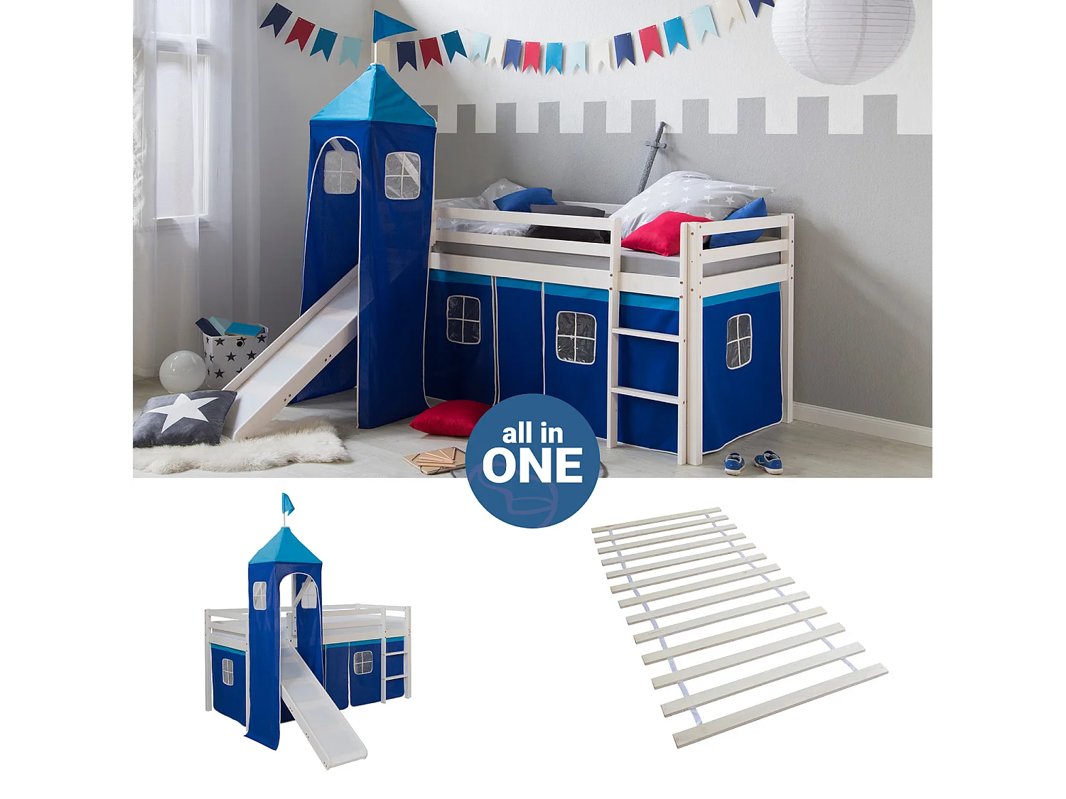 Hochbett mit Rutsche 90x200 cm Blau