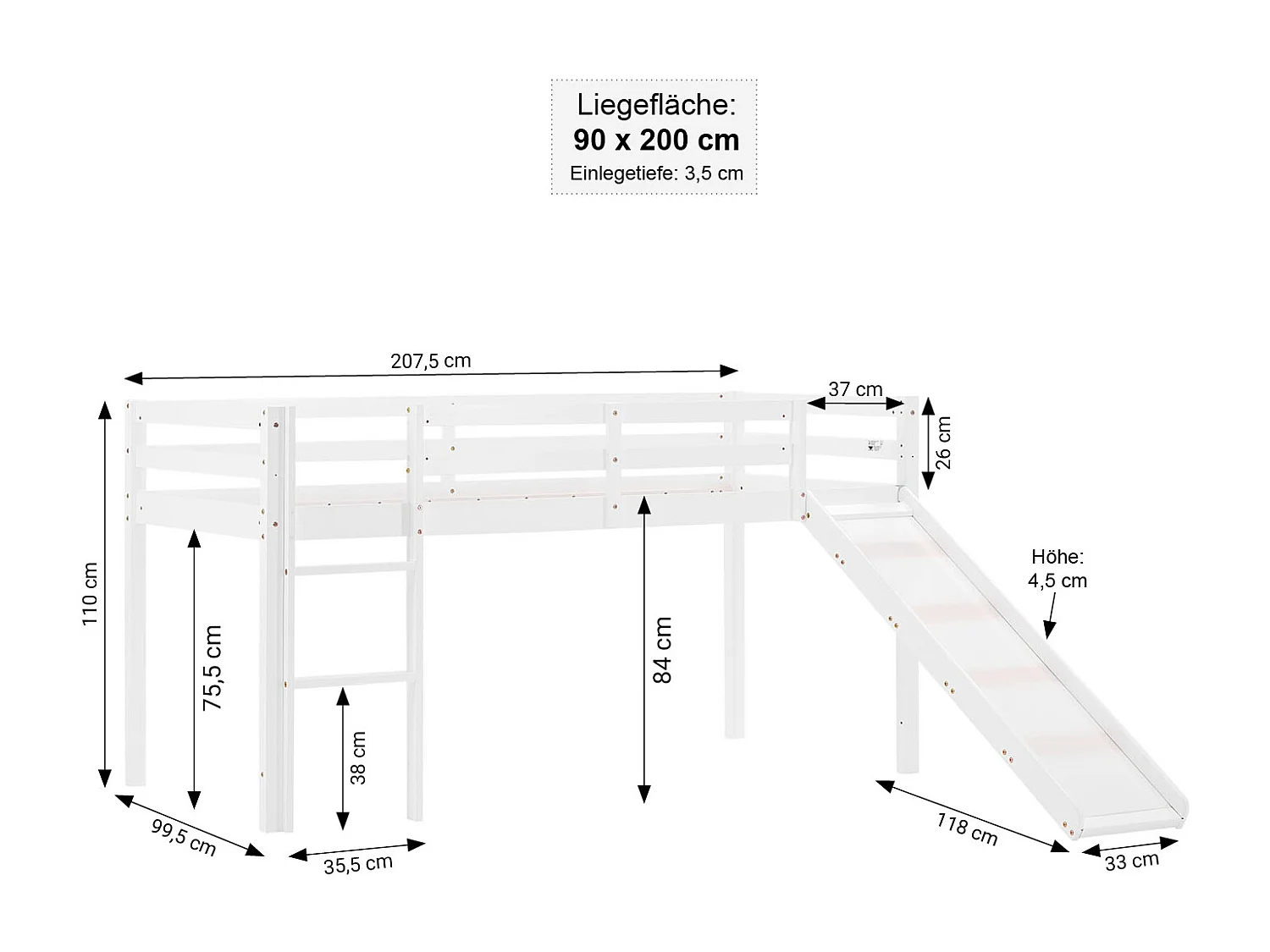 Lit mezzanine pour enfants 90x200 cm Blanc