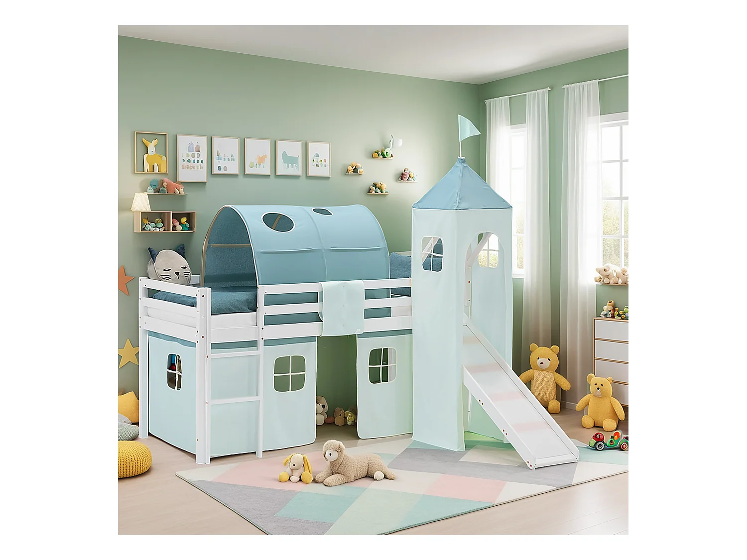 Letto a soppalco per bambini 90x200 cm bianco con tenda verde menta
