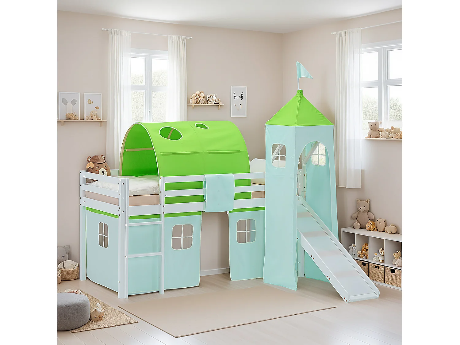 Lit mezzanine pour enfants 90x200 cm Blanc Rideau Vert