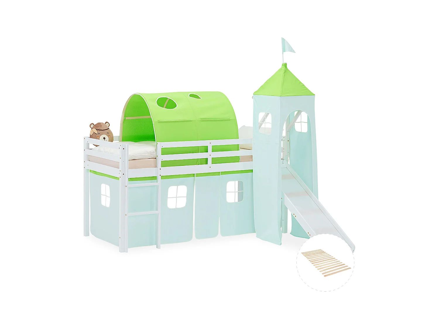 Lit mezzanine pour enfants 90x200 cm Blanc Rideau Vert