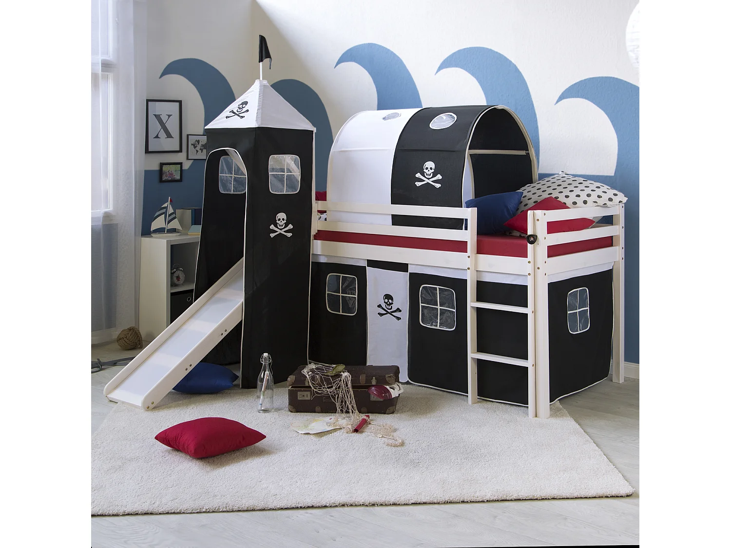 Hochbett mit Rutsche 90x200 cm Schwarz Pirat