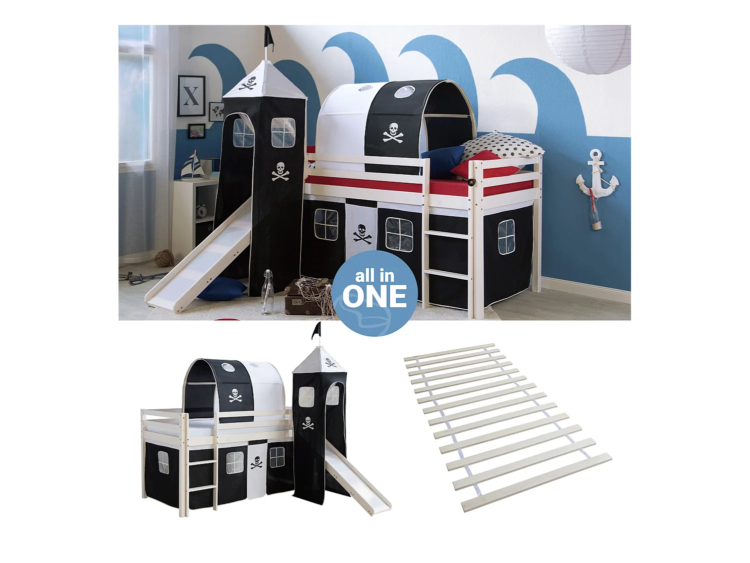 Hochbett mit Rutsche 90x200 cm Schwarz Pirat