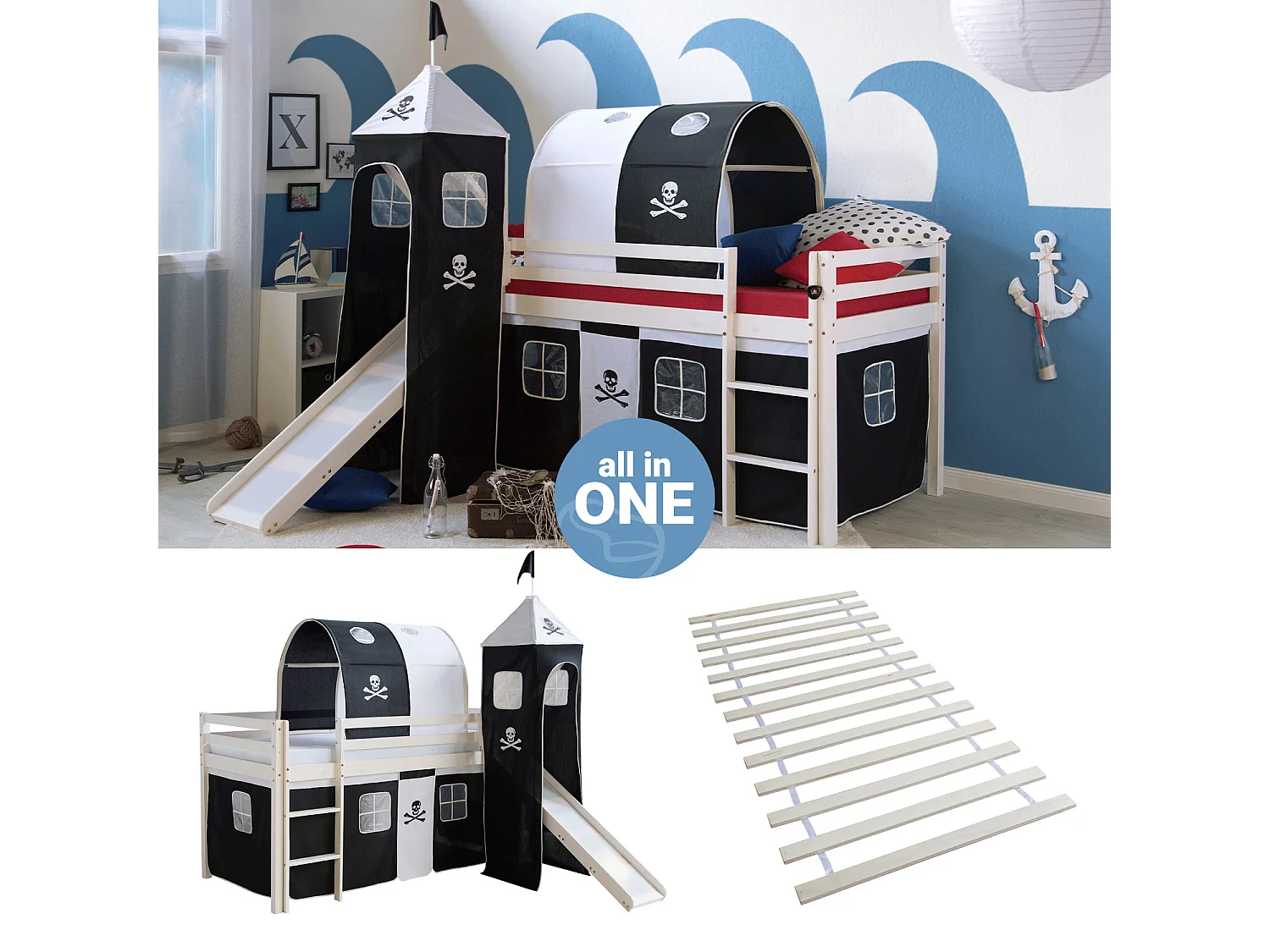 Lit mezzanine avec toboggan 90x200 cm Pirate Noir