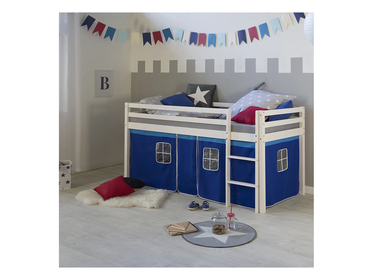 Etagenbett für Kinder 208x110x97 cm, weiß, blaue Vorhänge