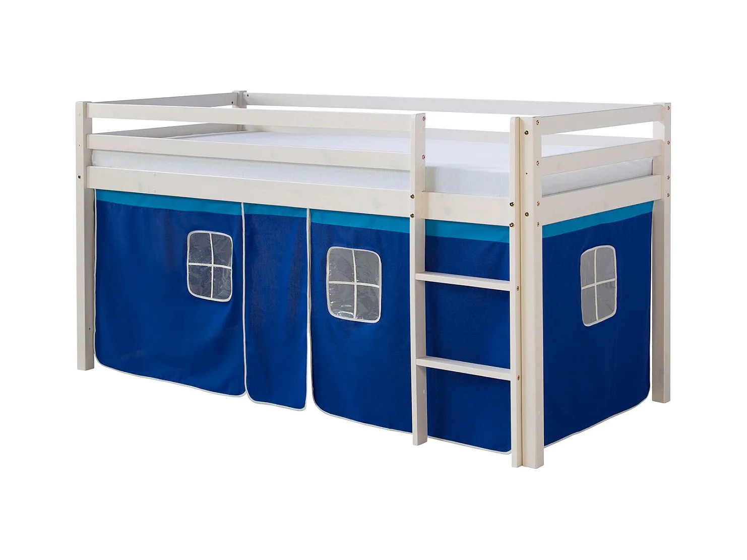 Etagenbett für Kinder 208x110x97 cm, weiß, blaue Vorhänge