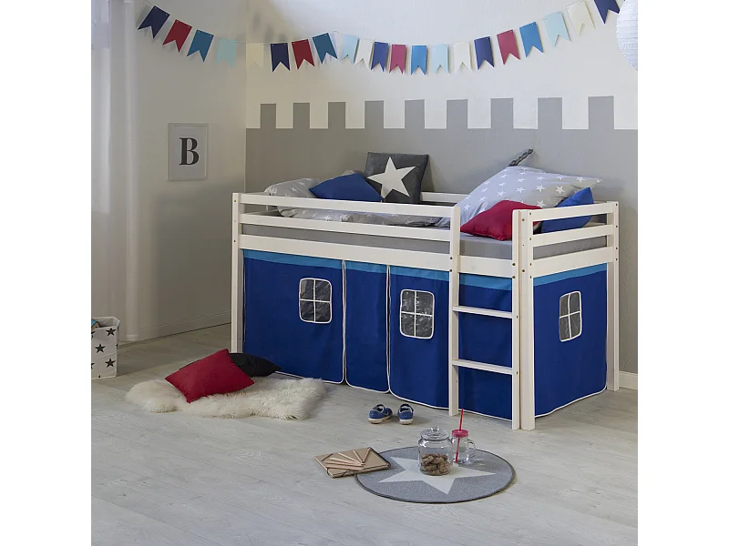 Lit superposé enfant 208x110x97 cm blanc avec rideau bleu