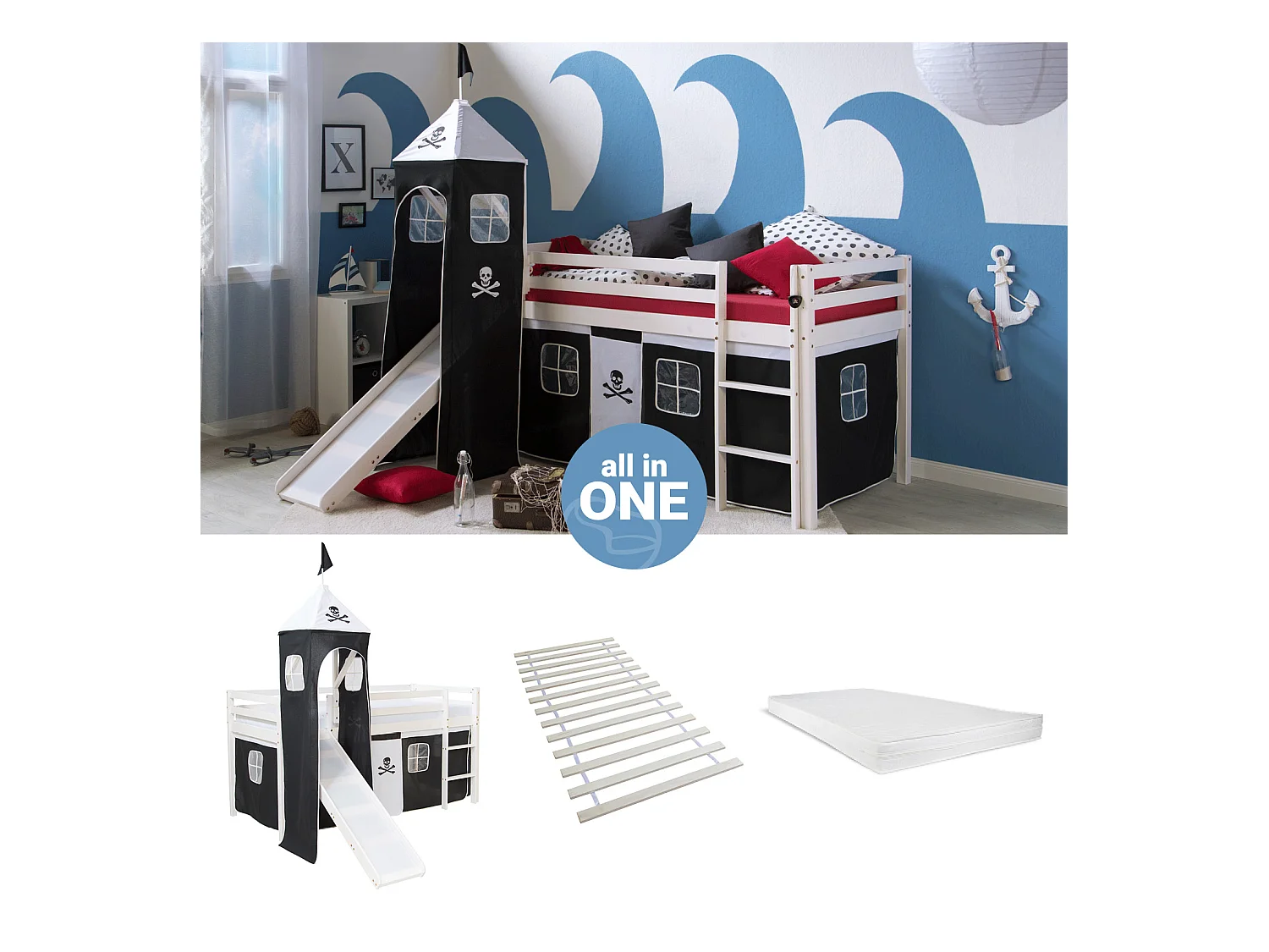 Hochbett 90x200 cm Schwarz Pirat