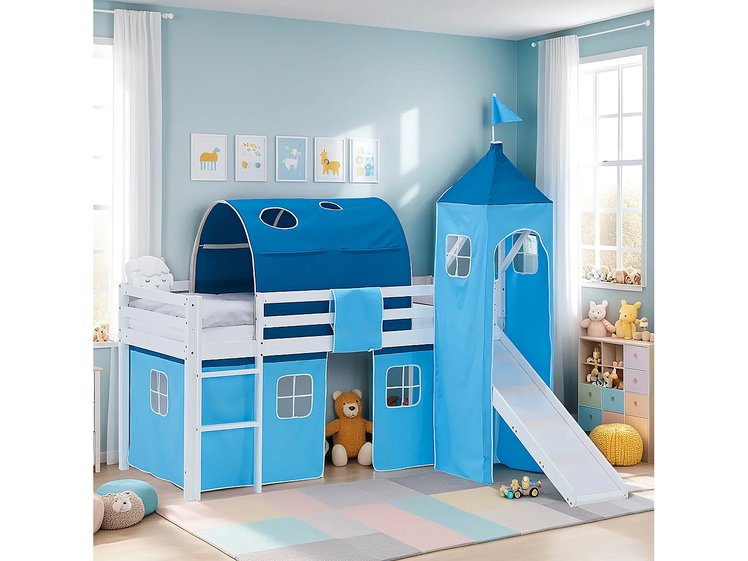 Lit mezzanine pour enfants 90x200 cm Blanc Bleu