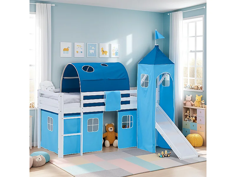 Cama alta para niños 90x200 cm Blanco Azul