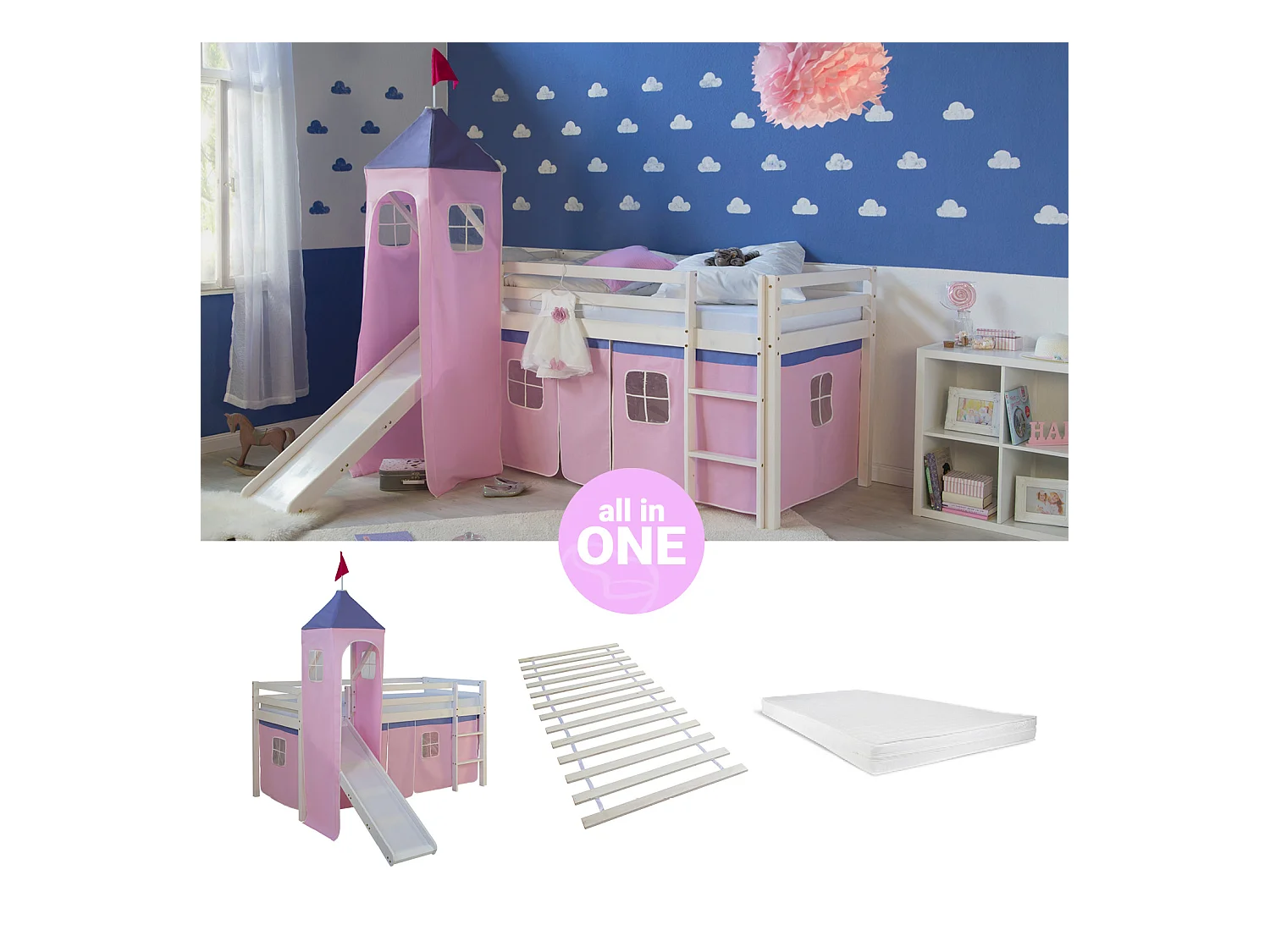 Hochbett 90x200 cm Rosa