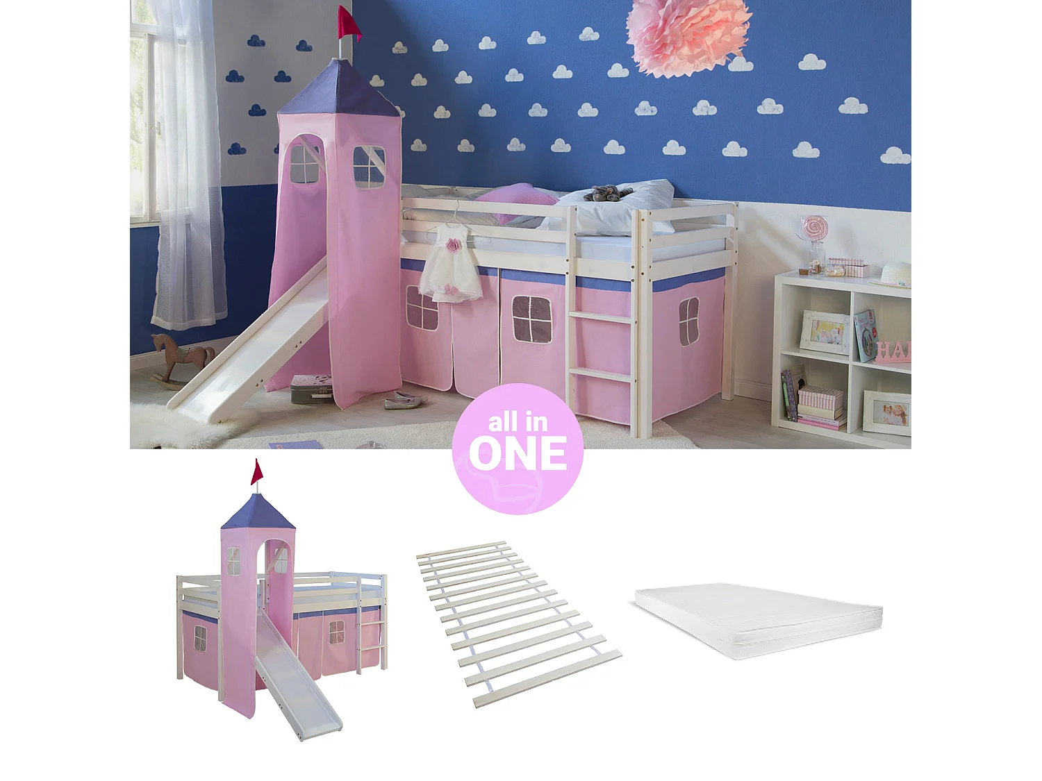 Hochbett 90x200 cm Rosa