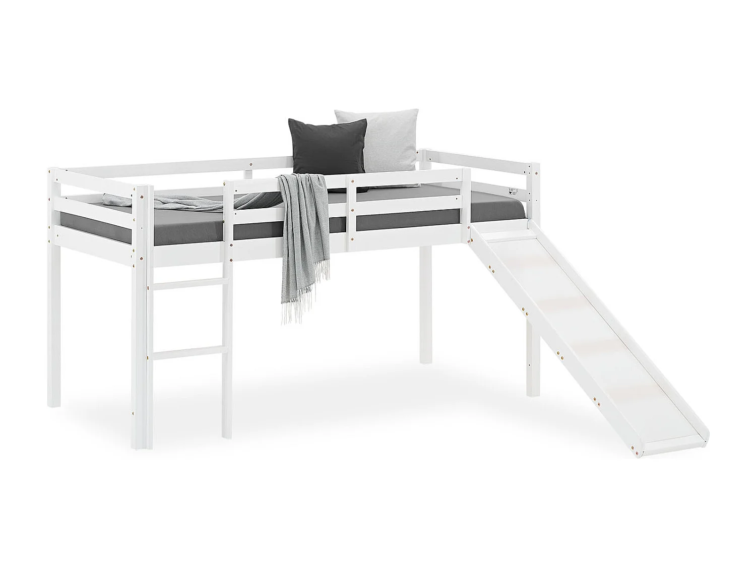 Lit superposé 90x200 cm blanc, lit surélevé avec toboggan