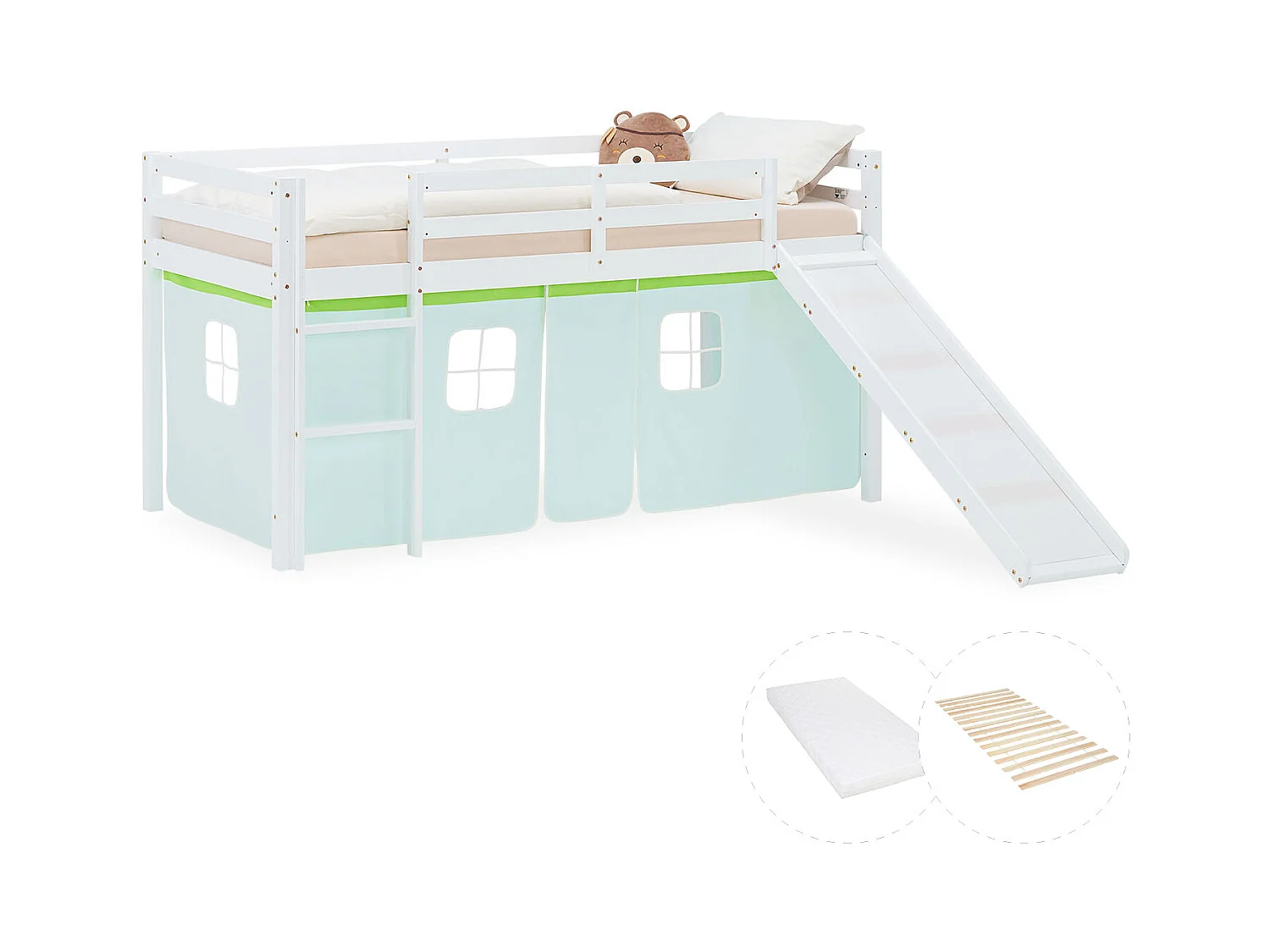 Hochbett für Kinder 90x200 cm weiß, grüner Vorhang, mit Rutsche, Lattenrost und Matratze