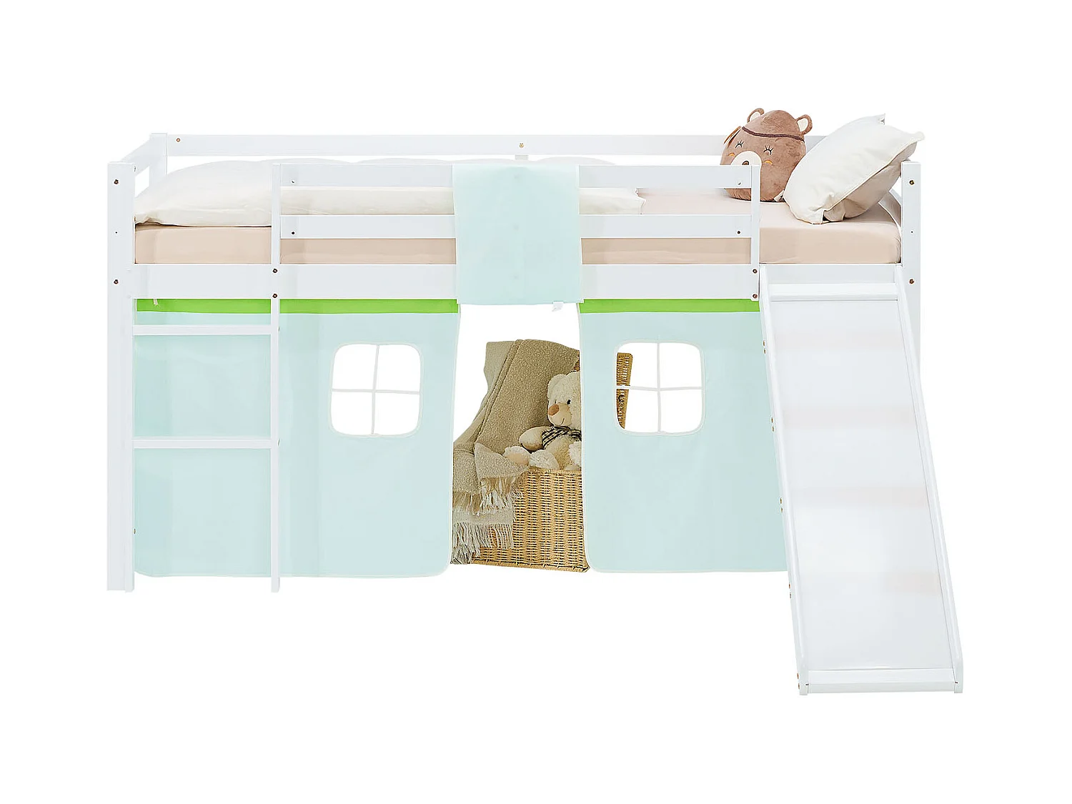 Hochbett für Kinder 90x200 cm weiß, grüner Vorhang, mit Rutsche, Lattenrost und Matratze