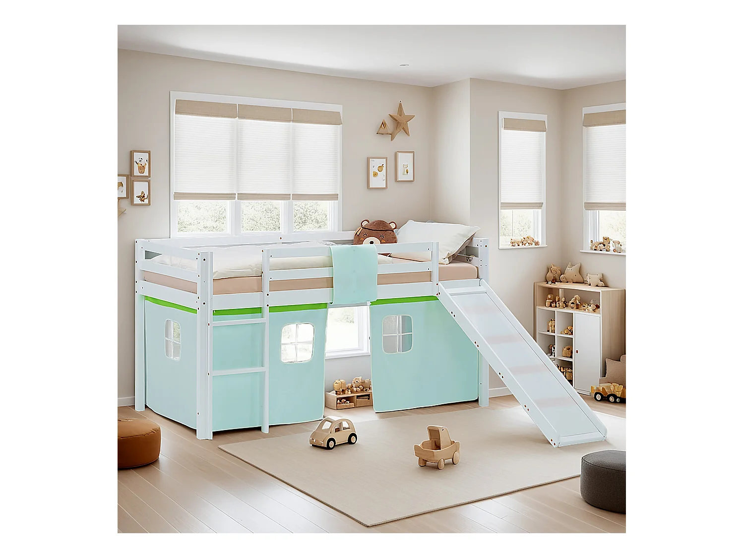 Letto a soppalco per bambini 90x200 cm bianco con tenda verde, scivolo, rete a doghe e materasso