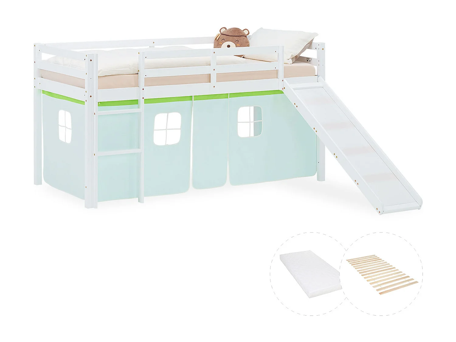 Hochbett für Kinder 90x200 cm weiß, grüner Vorhang, mit Rutsche, Lattenrost und Matratze